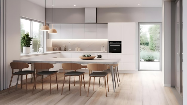 A kitchen with a white cabinetry and a black and white kitchen island.