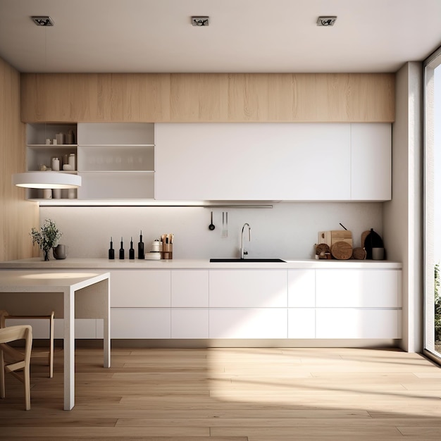 A kitchen with a white cabinetry and a white table with a white sink and a white table with a white table and a white table with a white bowl on it.