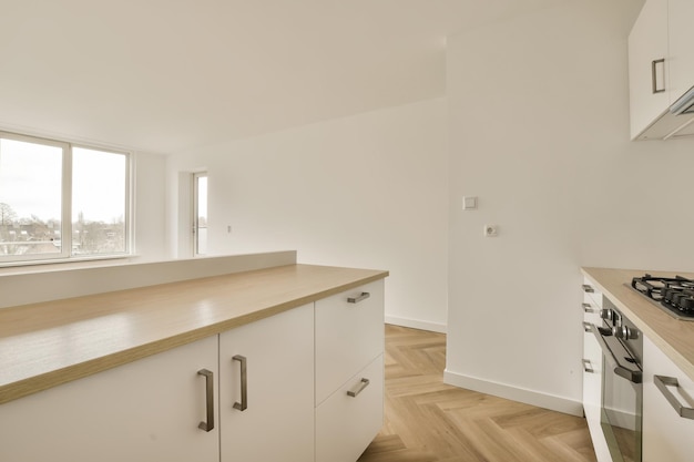 A kitchen with white cabinets and a stove top oven