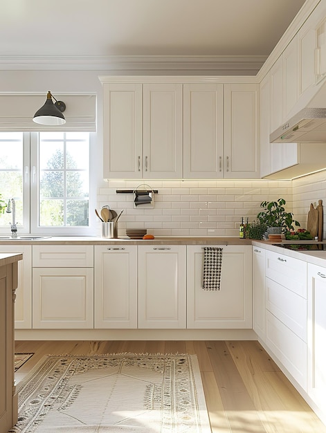 A kitchen with white cabinets and a wooden floor