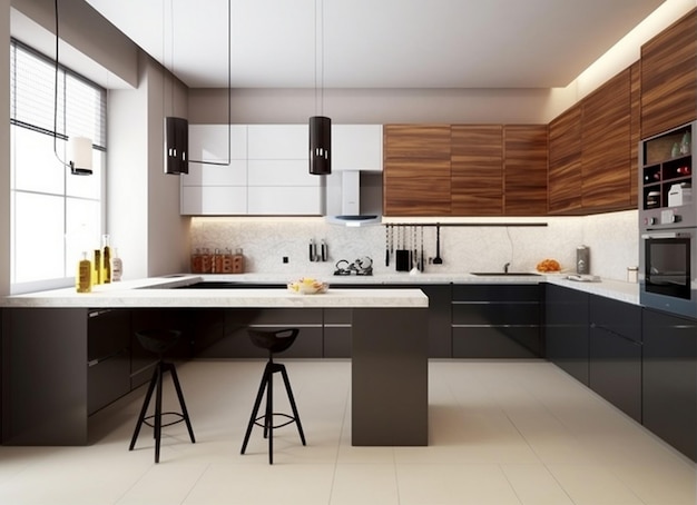 A kitchen with a white counter and black cabinets and a black countertop.