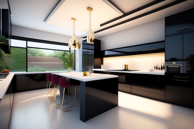 A kitchen with a white counter and a black counter with a white counter that says'the kitchen is open to the outside '