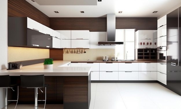 A kitchen with a white counter and a black stool that says " home ".