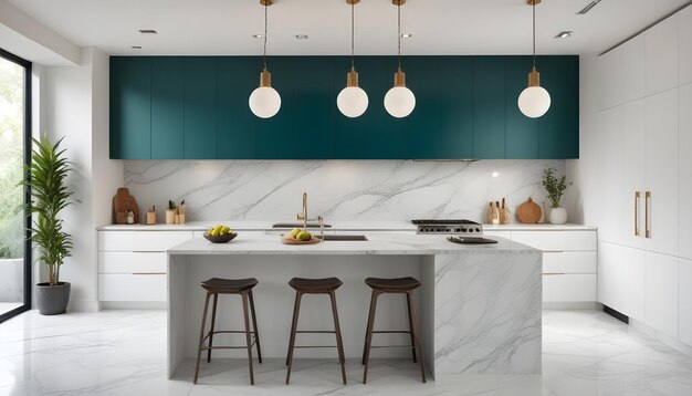 Photo a kitchen with a white counter and chairs and a counter with a blue wall behind it