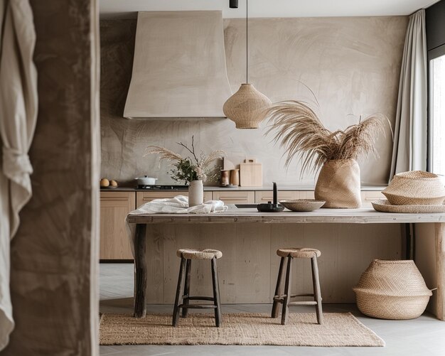 Photo a kitchen with a white counter and a pot with a plant on it