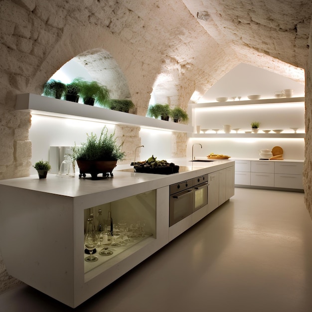 A kitchen with a white counter and a shelf with plants on it.