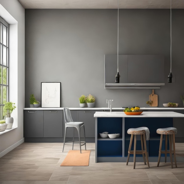 A kitchen with a white counter and stools with a plant on it.