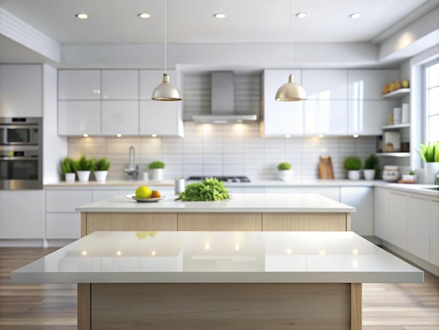 a kitchen with a white counter top and a green plant on it