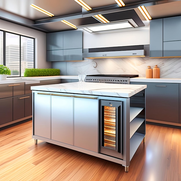 a kitchen with a white counter top and a wooden floor.