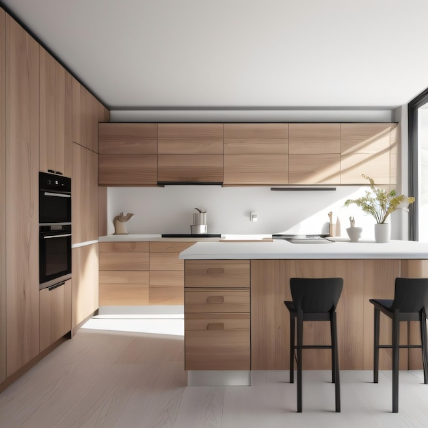 A kitchen with a white counter and two stools with a white countertop.