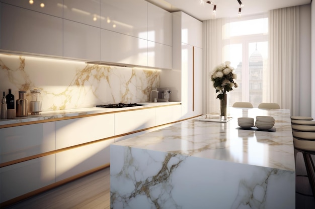 A kitchen with a white counter and a vase of flowers