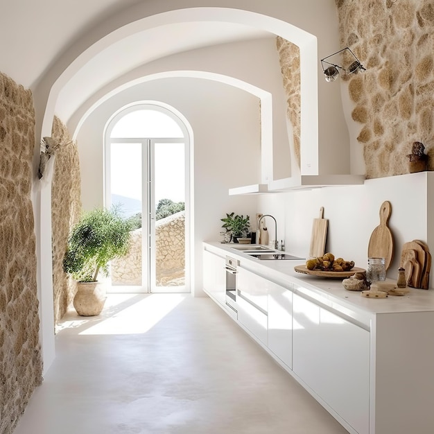 A kitchen with a white counter and a wooden cutting board on the counter.