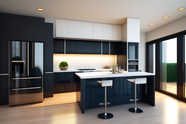 A kitchen with a white countertop and a black and white countertop with a white bar stools.