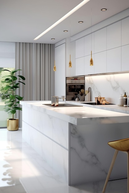 A kitchen with a white countertop and a gold pendant light hanging from the ceiling.