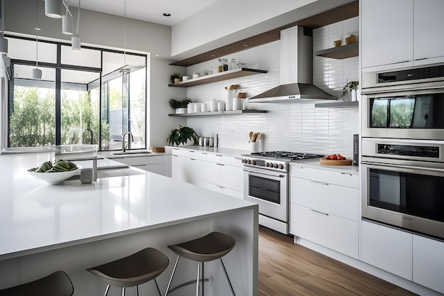 A kitchen with a white countertop and a white countertop with a white countertop and a white countertop.