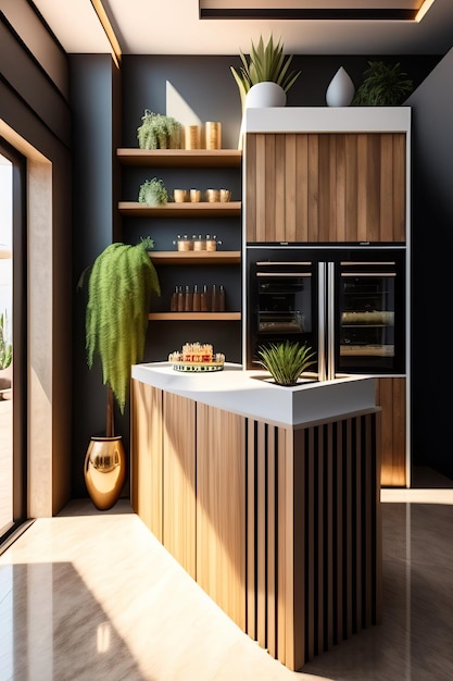 a kitchen with a white countertop and a wooden shelf with plants on it