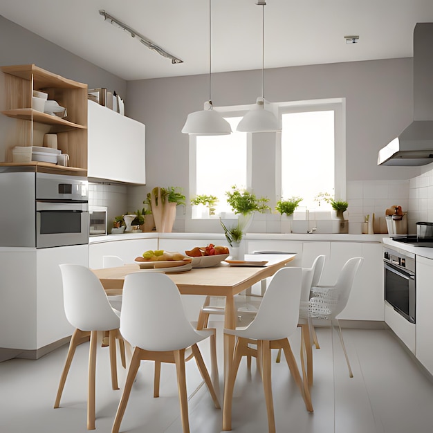 a kitchen with a white and gray color scheme