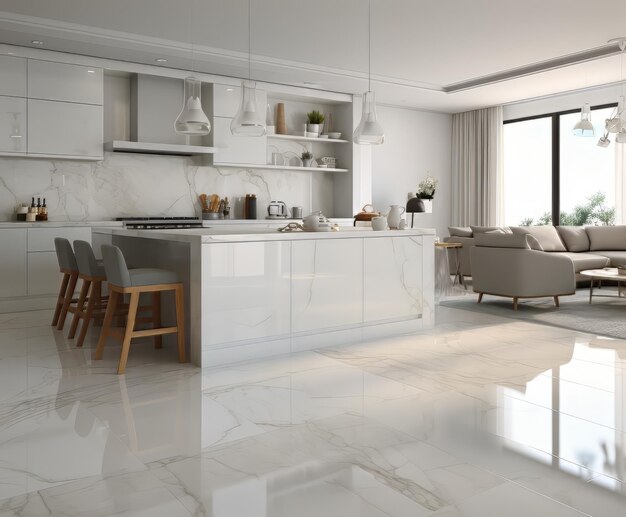 kitchen with a white and gray marble floor and a large window