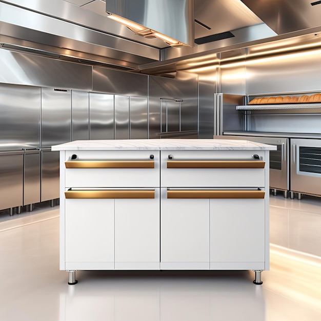 a kitchen with a white island with a stainless steel refrigerator.