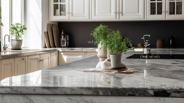 A kitchen with a white kitchen island and a large window.