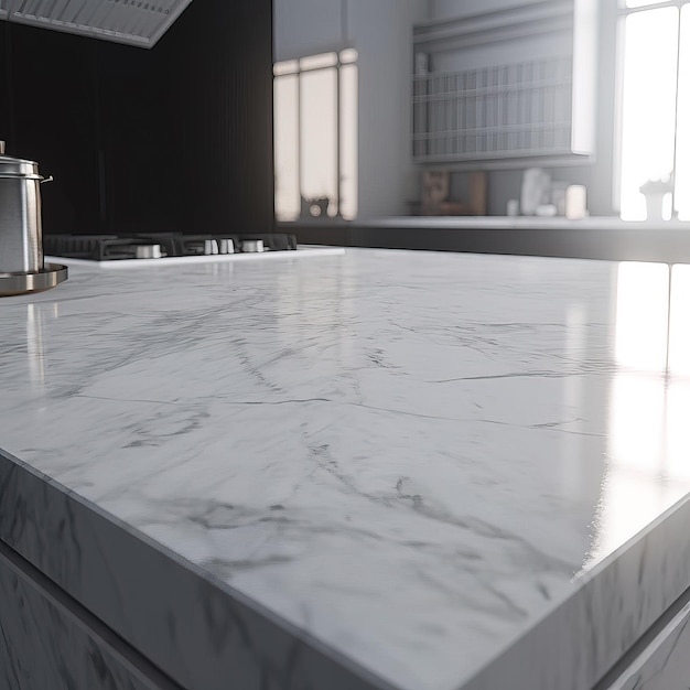 A kitchen with a white marble countertop and a silver pot on the side.