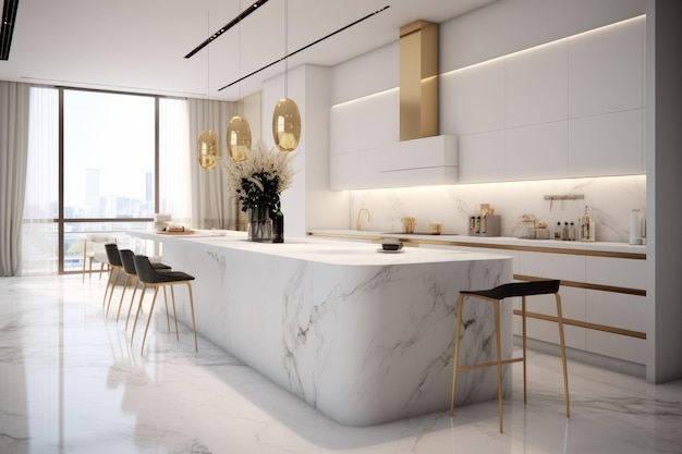 A kitchen with a white marble island with gold pendants and a black and white marble island.