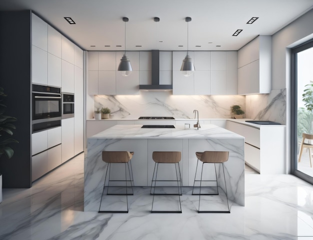 A kitchen with a white marble island