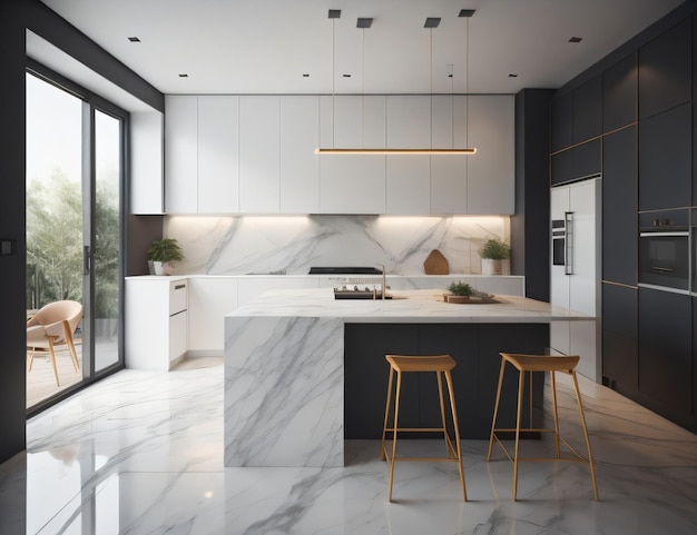 A kitchen with a white marble island