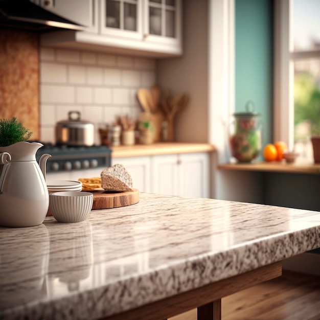 A kitchen with a white pitcher and a bowl of bread on the counter