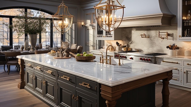 a kitchen with a white stove and a large island with a bowl of fruit on it