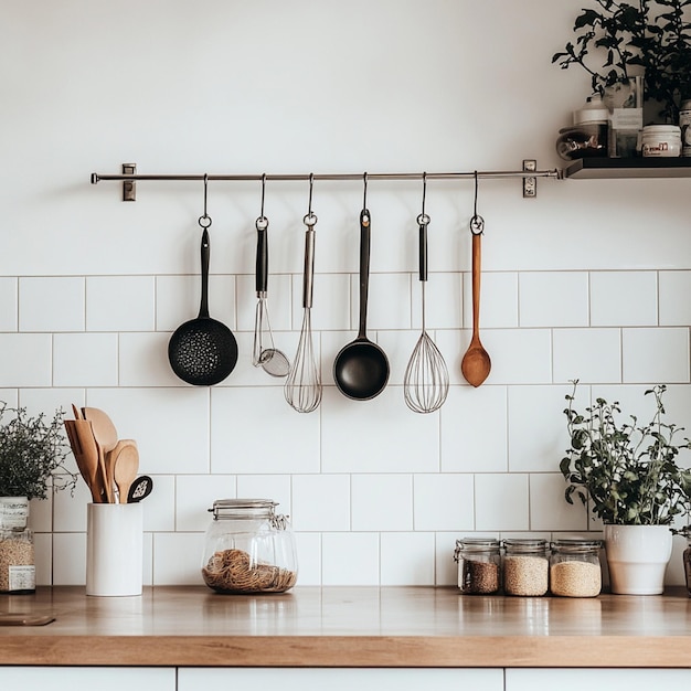 Photo a kitchen with a white tile wall and pots and pans hanging from the ceiling