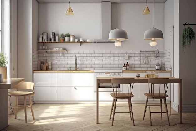 A kitchen with a white tile wall and a white counter with chairs and a table with a lamp.