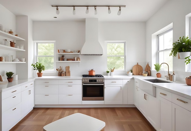 A kitchen with white walls and white cabinets