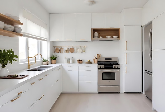 A kitchen with white walls and white cabinets