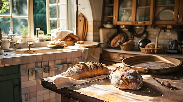 Photo a kitchen with a window and a bread on the counter