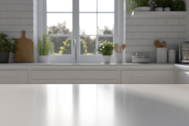 a kitchen with a window that has a reflection of the sun on the counter