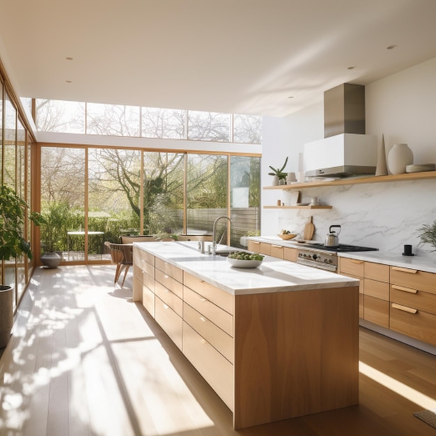 a kitchen with a window that has the sun shining through