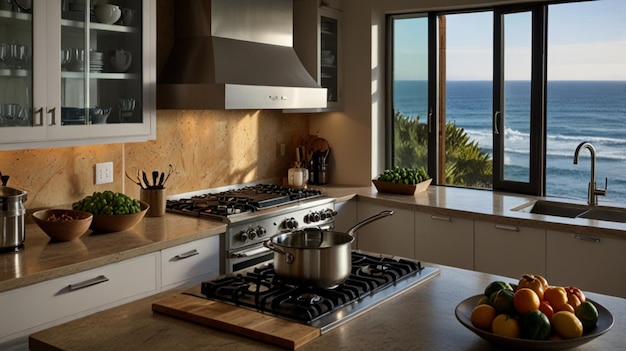 a kitchen with a window that says sea on the top