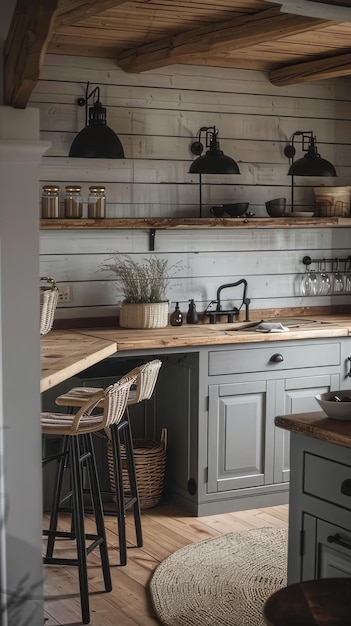 Photo a kitchen with a wooden counter and a shelf with a plant on it