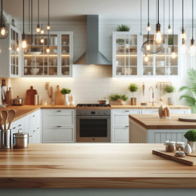 a kitchen with a wooden counter and a stove and a potted plant on the counter