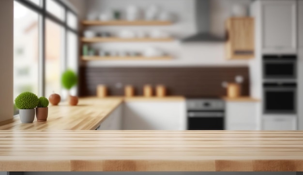 A kitchen with a wooden counter top and a green plant on the wall.