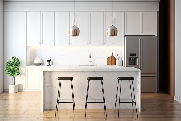 Kitchen with wooden floor marble countertops and white cabinets with builtin appliances