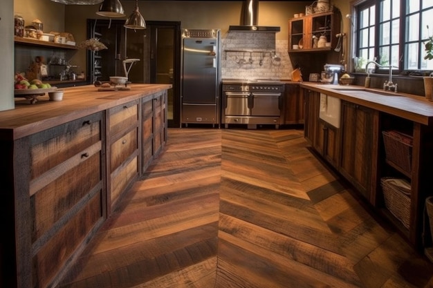 A kitchen with a wooden floor and a sink with a window behind it.