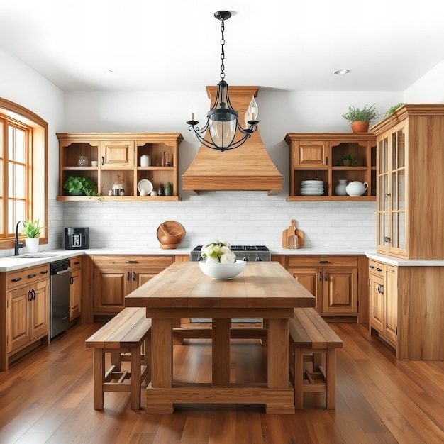 a kitchen with a wooden island and a large island with a large island in the middle