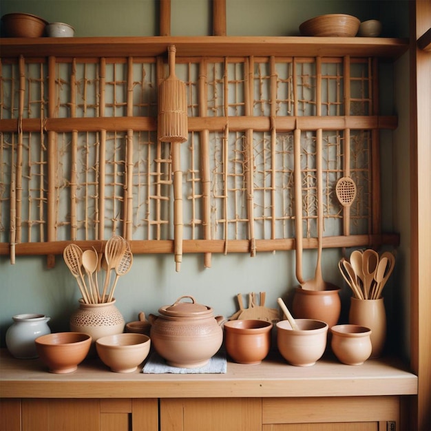 Photo a kitchen with a wooden shelf with pots and pans on it