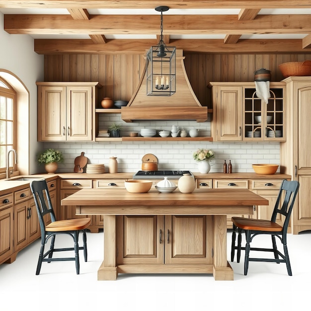 a kitchen with a wooden table and chairs and a chandelier hanging from the ceiling