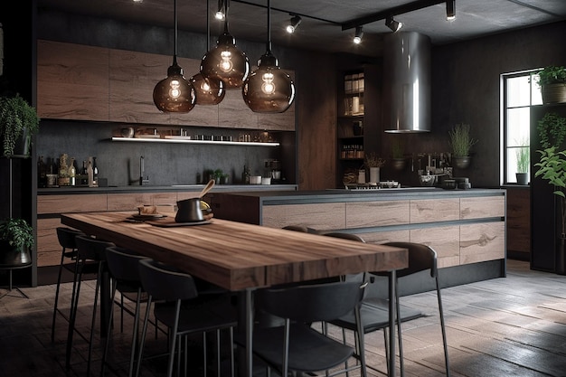 A kitchen with a wooden table and chairs