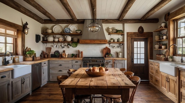 a kitchen with a wooden table and a large wooden table with a wooden top