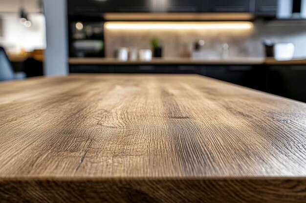 a kitchen with a wooden table and a light on the top