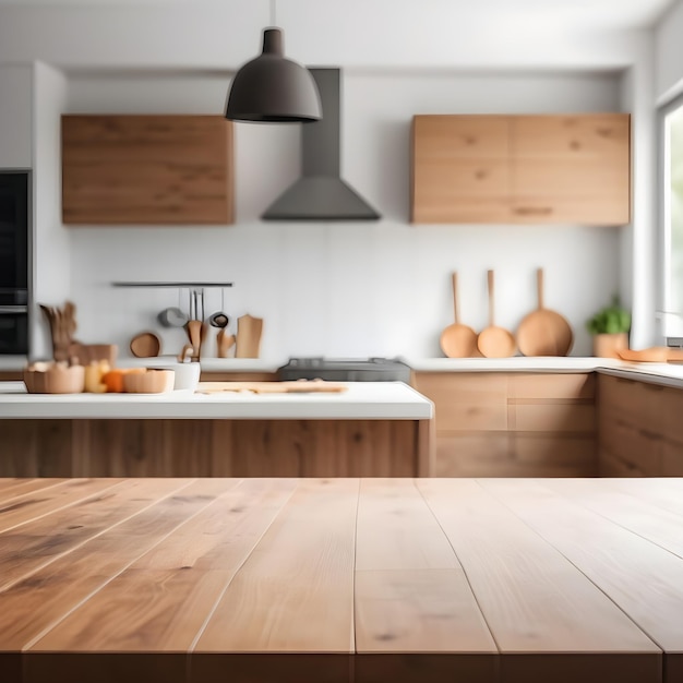 a kitchen with a wooden table and a light on the wall